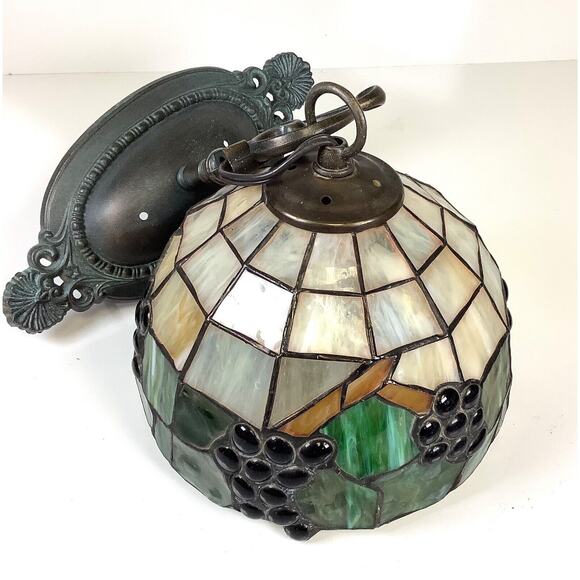 Stained Glass Hanging Electric Wall Sconce Grapes Metal Bracket Deco Mission - Picture 8 of 11